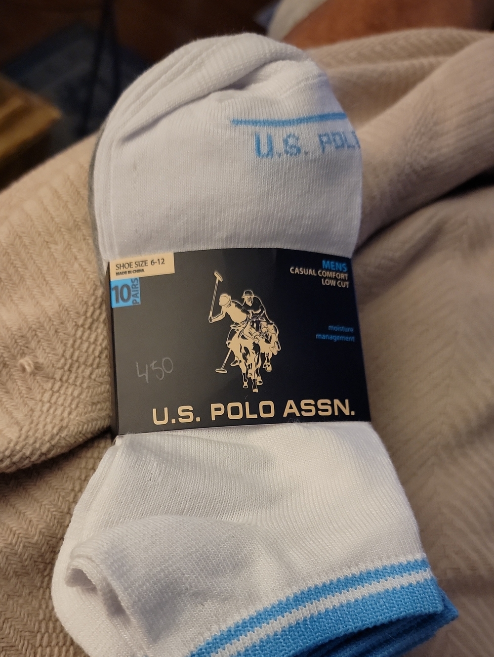 U.S. Polo Assn. Men's White Low-Cut Socks with Light Blue Trim - 10 Pack